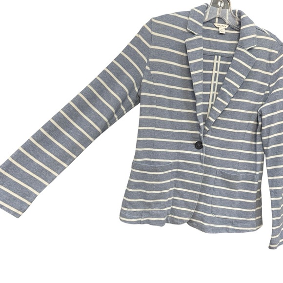 Nautica Women’s Small Striped Cotton Knit Blazer Blue White Casual Jacket - Picture 2 of 6